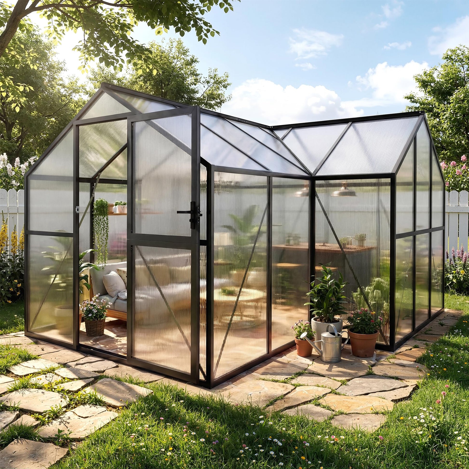 Garvee Walk-in Greenhouse 12×12 ft, 6mm Twin-Wall Polycarbonate Panels, 7 ft Peak Aluminum Frame with Roof Vent for Backyard Garden