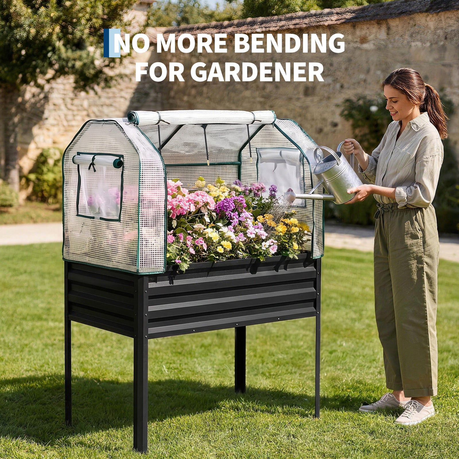 Garvee Raised Garden Bed with Legs 48" × 24" × 55", Black Galvanized Metal Planter with PE Cover, 31.5" Height & Spray Tube