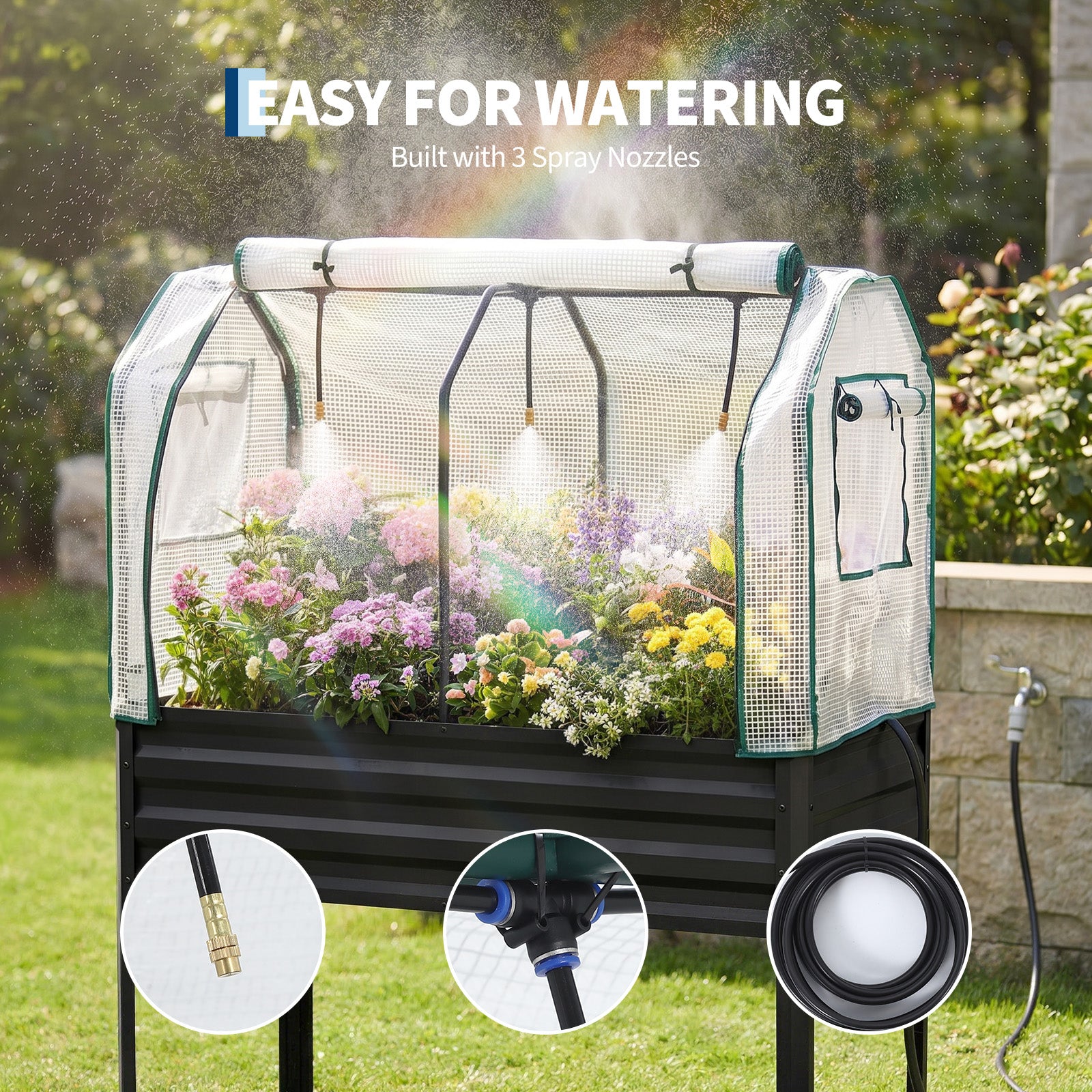 Garvee Raised Garden Bed with Legs 48" × 24" × 55", Black Galvanized Metal Planter with PE Cover, 31.5" Height & Spray Tube