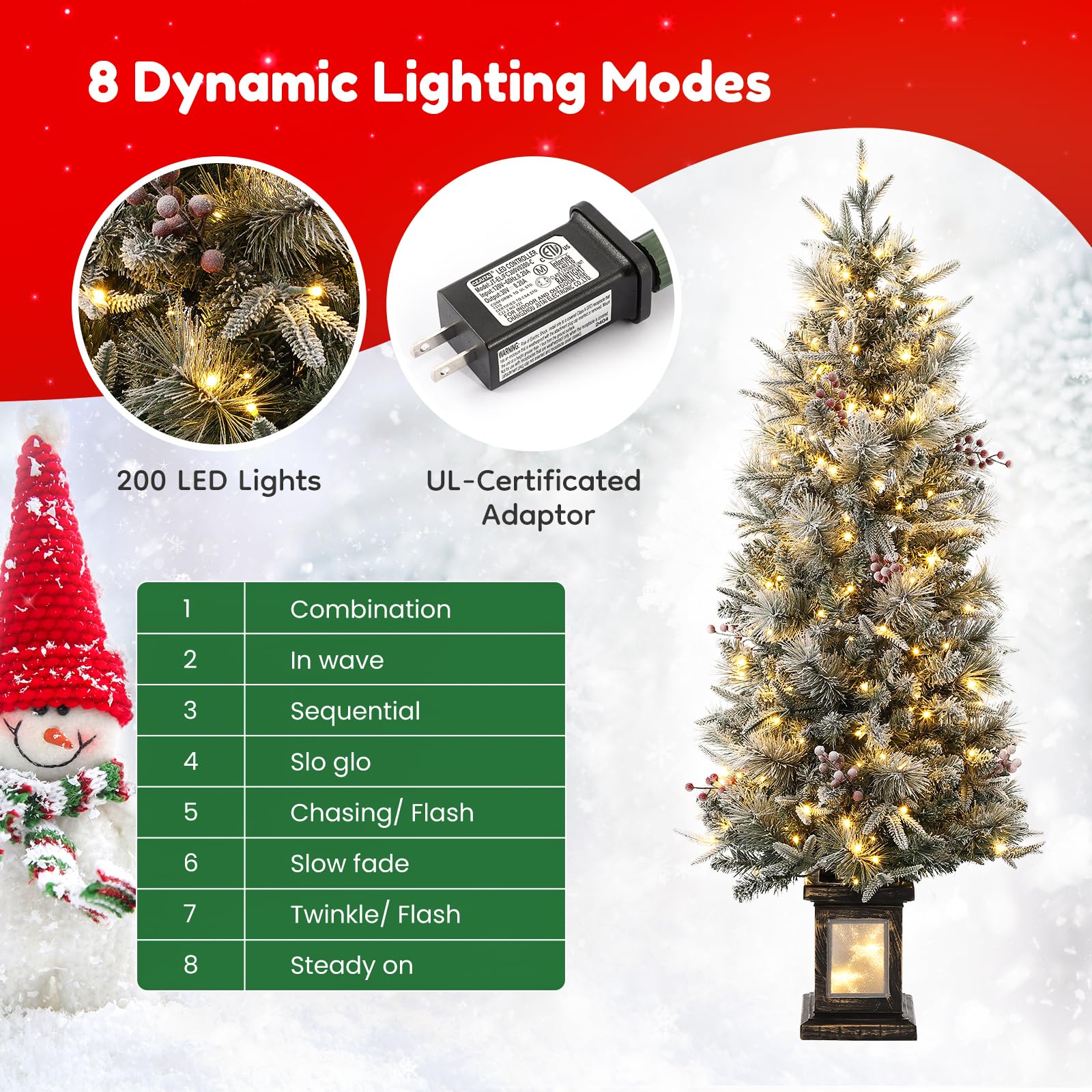 Garvee 4.5ft Christmas Tree, Pre Lit Snow Flocked Artificial Christmas Tree with 200 LED Lights & 8 Lighting Modes, Premium Xmas Pine Tree for Christmas Decoration, Yard, Home, Office