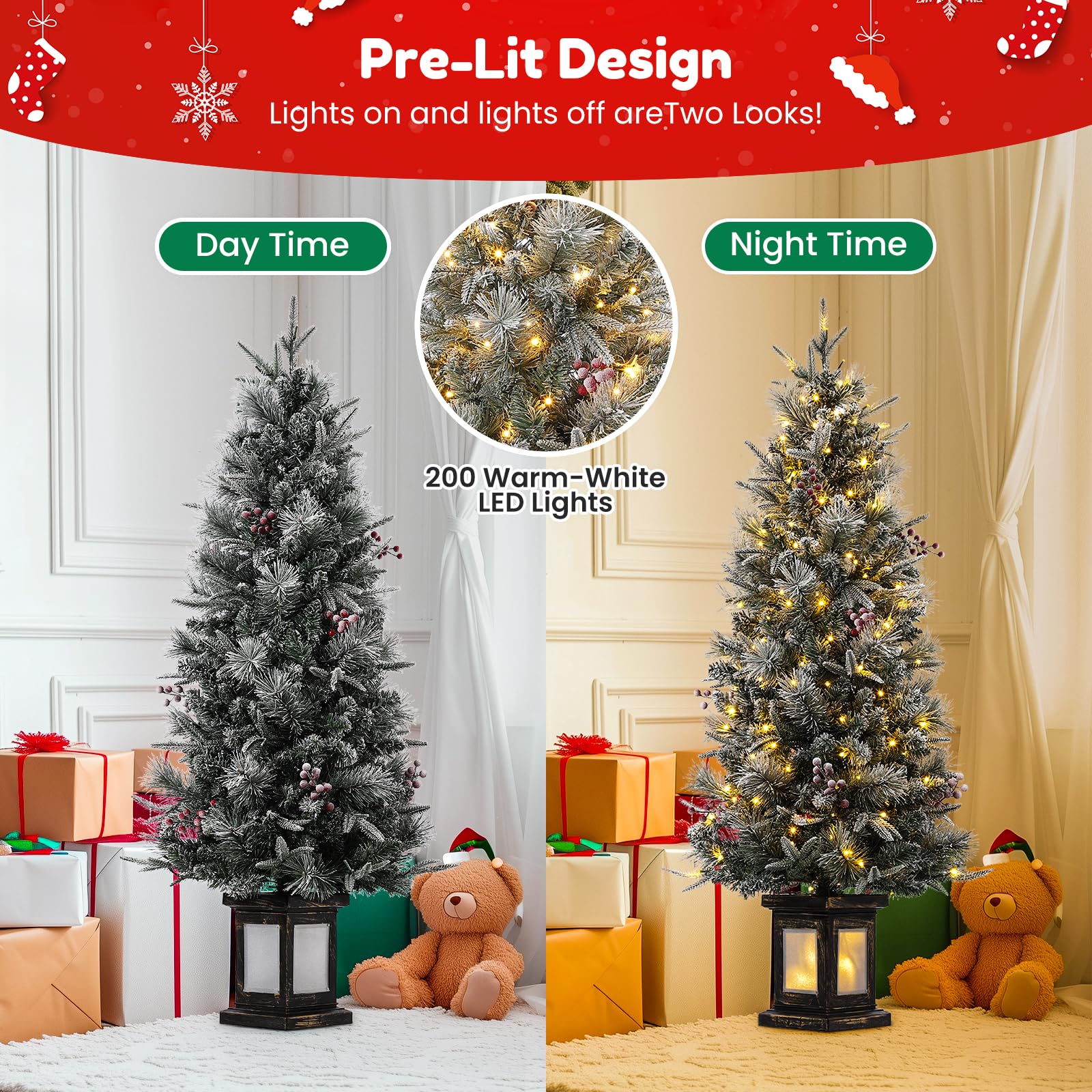 Garvee 4.5ft Christmas Tree, Pre Lit Snow Flocked Artificial Christmas Tree with 200 LED Lights & 8 Lighting Modes, Premium Xmas Pine Tree for Christmas Decoration, Yard, Home, Office
