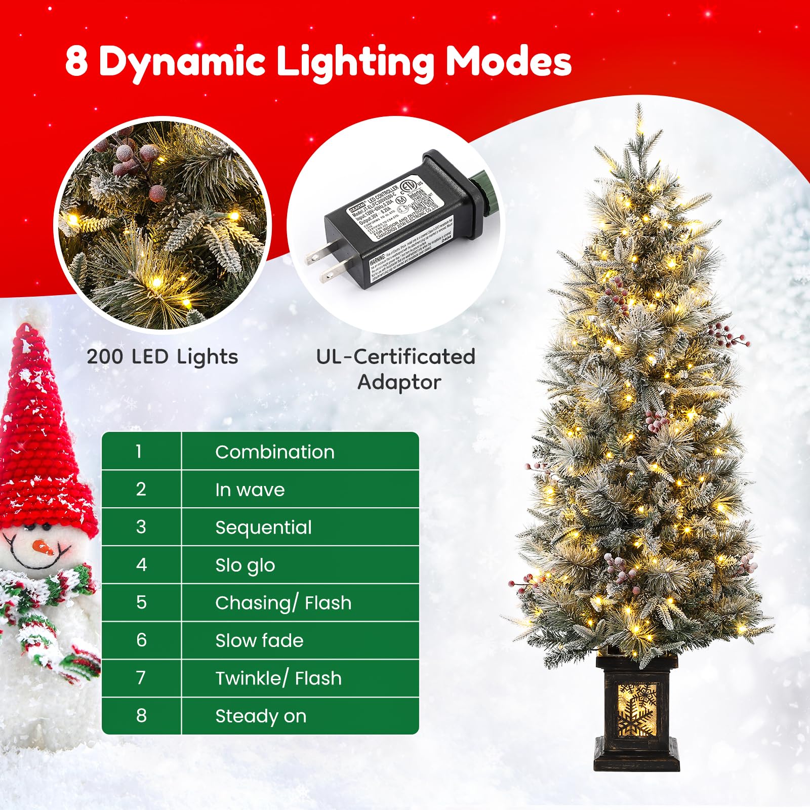 Garvee 4.5ft Christmas Tree, Pre-Lit Artificial Christmas Tree with Snowflake Base, 200 LEDs & 8 Lighting Modes, Prelit Xmas Pine Tree Christmas Decoration for Yard, Home, Office, Entrances