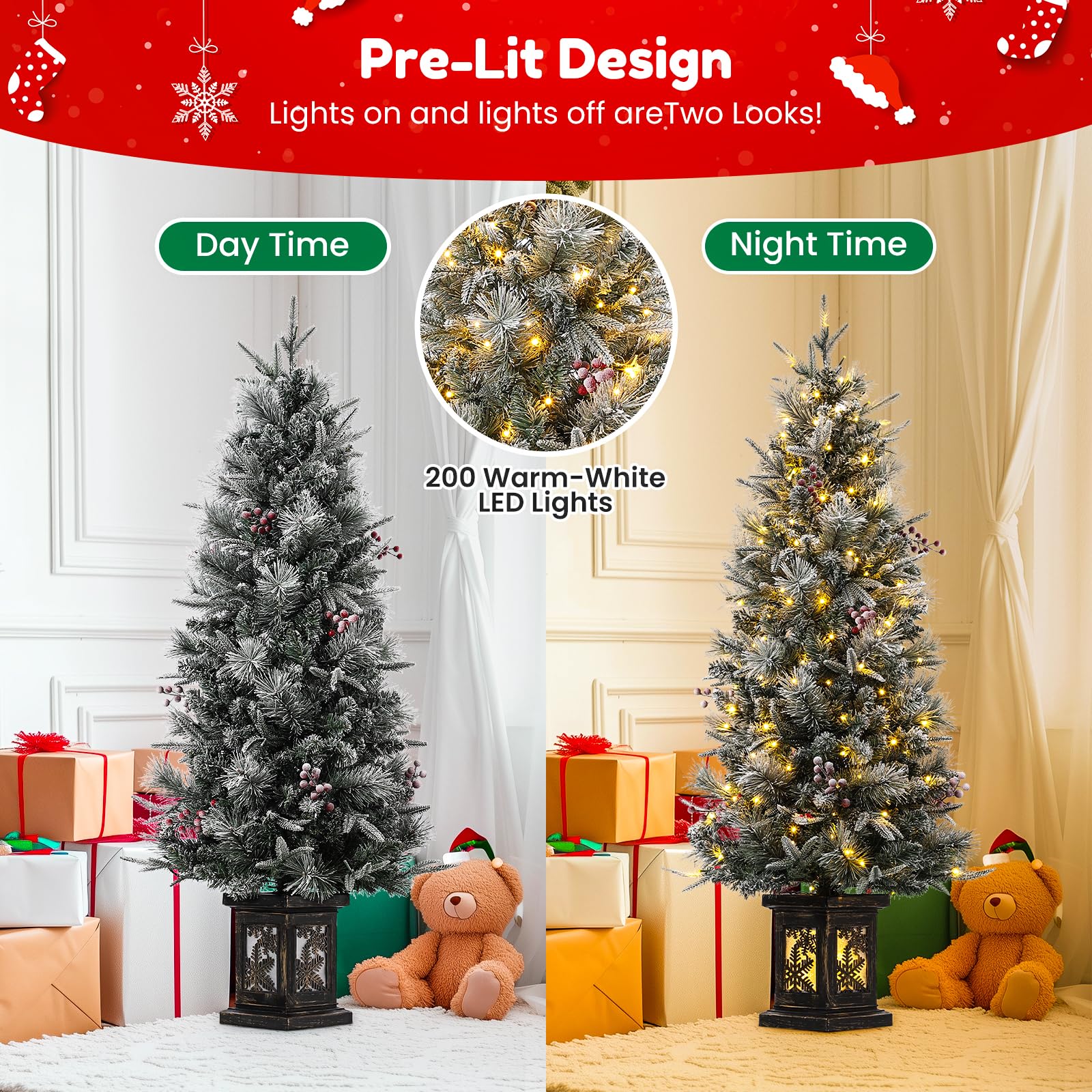 Garvee 4.5ft Christmas Tree, Pre-Lit Artificial Christmas Tree with Snowflake Base, 200 LEDs & 8 Lighting Modes, Prelit Xmas Pine Tree Christmas Decoration for Yard, Home, Office, Entrances