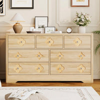 Garvee 7 Drawers Dresser for Bedroom, 54" Boho Wide Dresser Chest of Drawers, Clothes Storage Cabinet, Decorative Drawer Front Organizer for Bedroom, Living Room, Hallway, Natural Wood