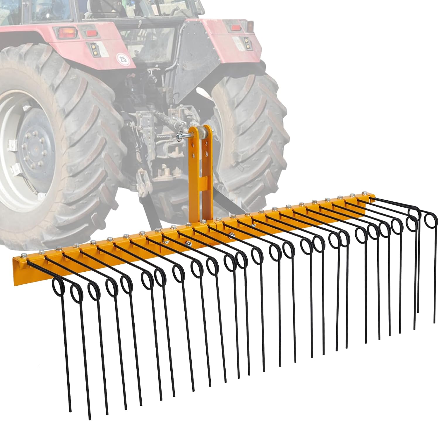 Garvee Pine Straw Rake 60 Inch , 6mm Rake Needle, 26 Coil Spring Tines Durable Powder Coated Steel Tow Behind Landscape Rake with 3 Point Hitch Receiver Attachment Fit to Cat0 Cat 1 Tractors for Leaves Grass, Yellow