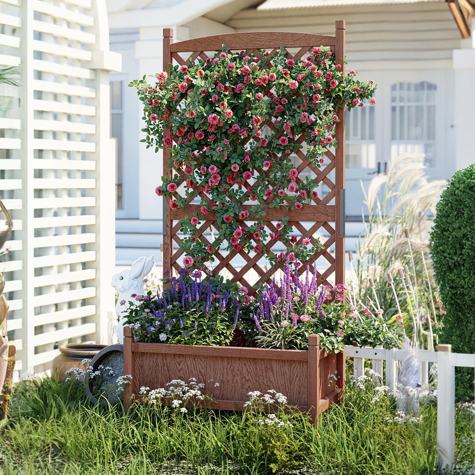 Garvee 2-Pack 29.5" × 13" × 60" Raised Garden Bed with Trellis, Wood Planter Box with Wheels & Drainage Holes