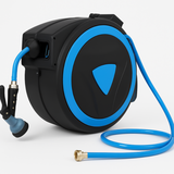 Garvee Retractable Garden Hose Reel, 5/8" x 82ft, Wall-Mounted with 180° Swivel Bracket, 9-Pattern Nozzle, Any Length Lock, Auto-Rewind Slow Return System - Blue