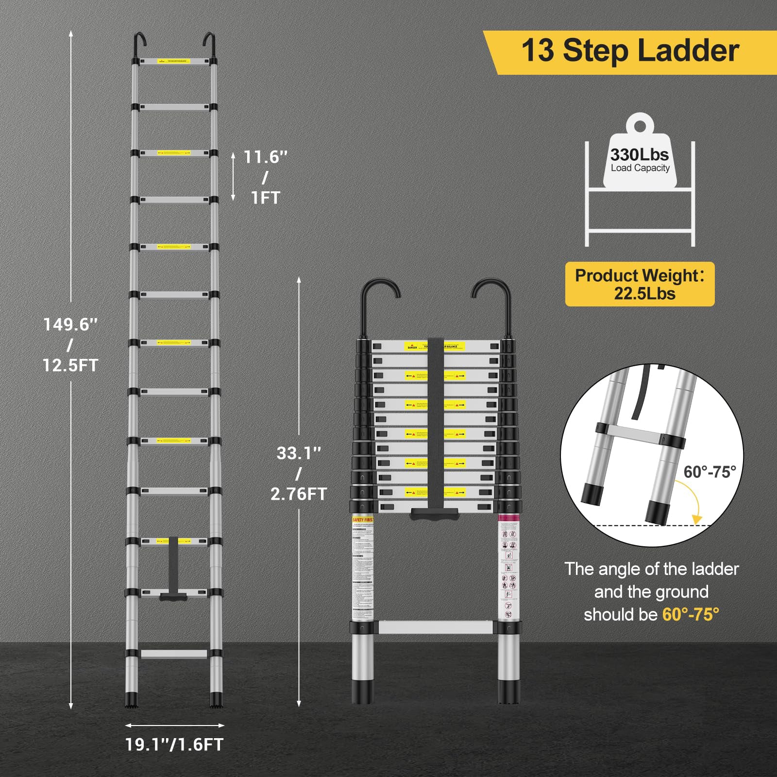 Garvee 12.5 Ft Telescoping Ladder, 330lbs Capacity Aluminum Extension Ladder with Locking Mechanism and Hook, Portable Folding Ladder, Multi-Purpose Collapsible Ladder for RV, Home, Office