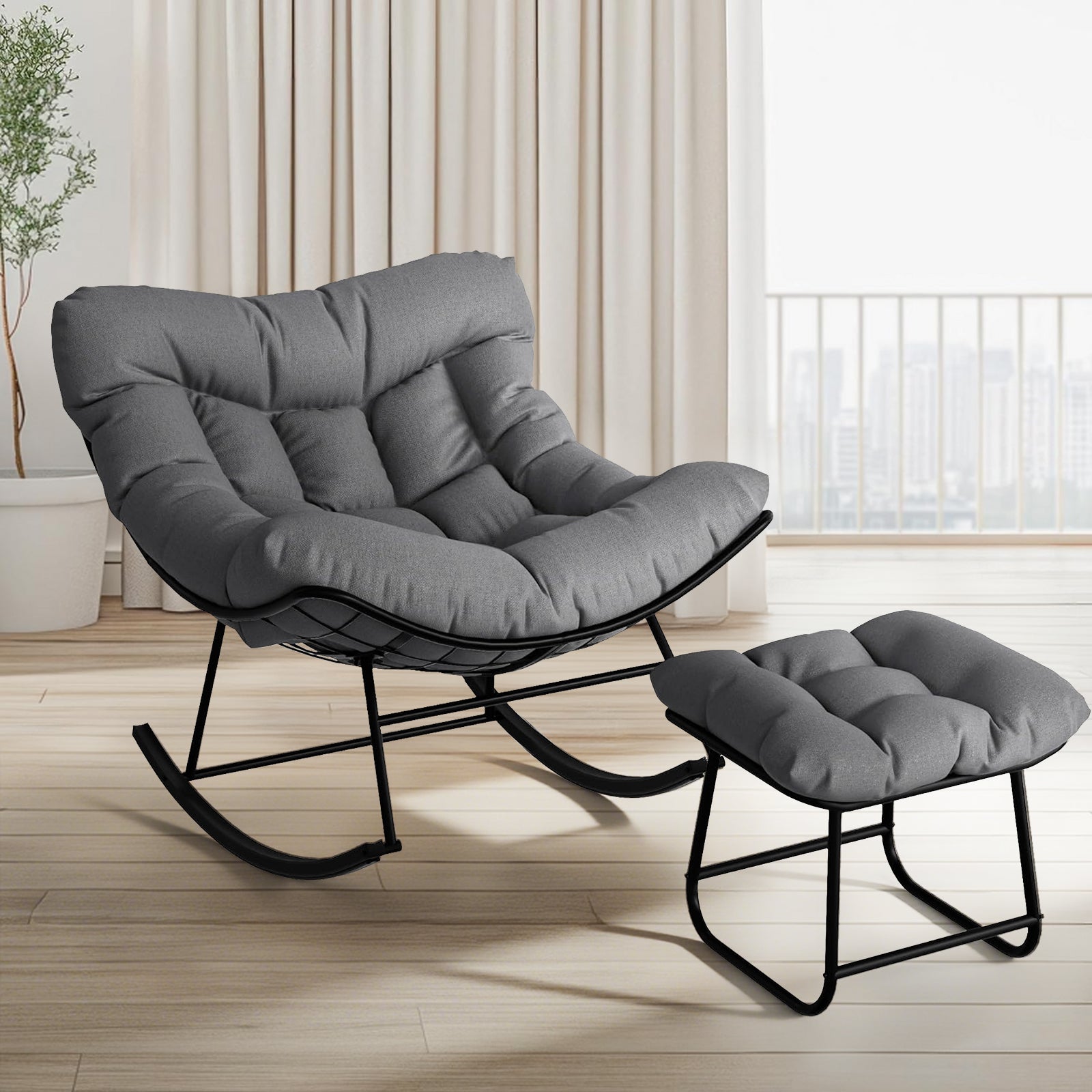 Garvee Papasan Rocking Chair with Footrest, 400 lbs Indoor Outdoor Lounge Rocker with Thick Cushion & Ottoman for Patio, Balcony, Porch & Bedroom, Dark Gray