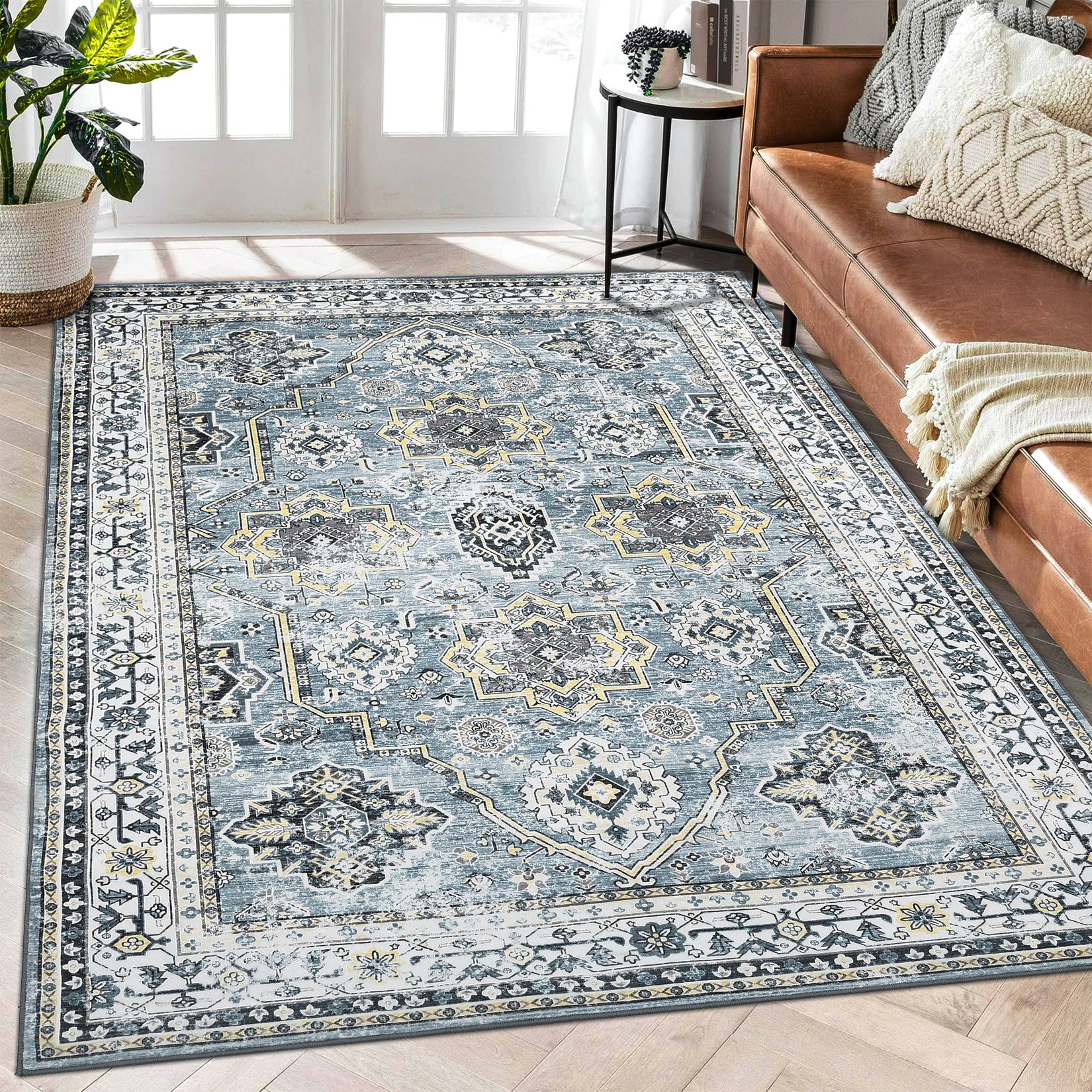 Garvee Blue 9x12 Washable Rugs for Living Room Boho Vintage Rug Non Slip Large Area Rug Soft Non Shedding Throw Rugs Stain Resistant Carpet for Bedroom Office Dining Room Nursery