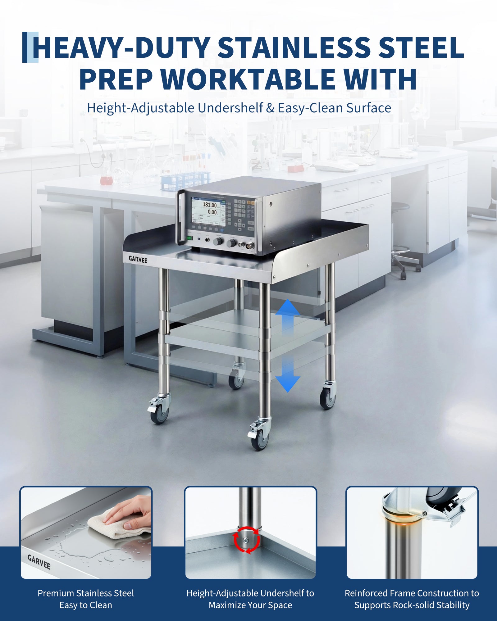 Garvee Stainless Steel Work Table, 24x24x26 Inch Commercial Food Prep Worktable with Wheels, Detachable 3-Sided Backsplash & Height-Adjustable Shelf, Heavy Duty Workbench for Kitchen Restaurant Garage