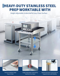Garvee Stainless Steel Work Table, 24x24x26 Inch Commercial Food Prep Worktable with Wheels, Detachable 3-Sided Backsplash & Height-Adjustable Shelf, Heavy Duty Workbench for Kitchen Restaurant Garage