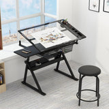 Garvee Drafting Table Adjustable Height Tilting Glass Top Steel Frame 2 Drawers Stool Black Home Office Art Craft - Black