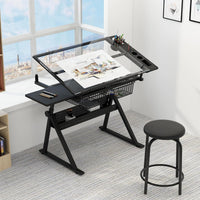 Garvee Drafting Table Adjustable Height Tilting Glass Top Steel Frame 2 Drawers Stool Black Home Office Art Craft