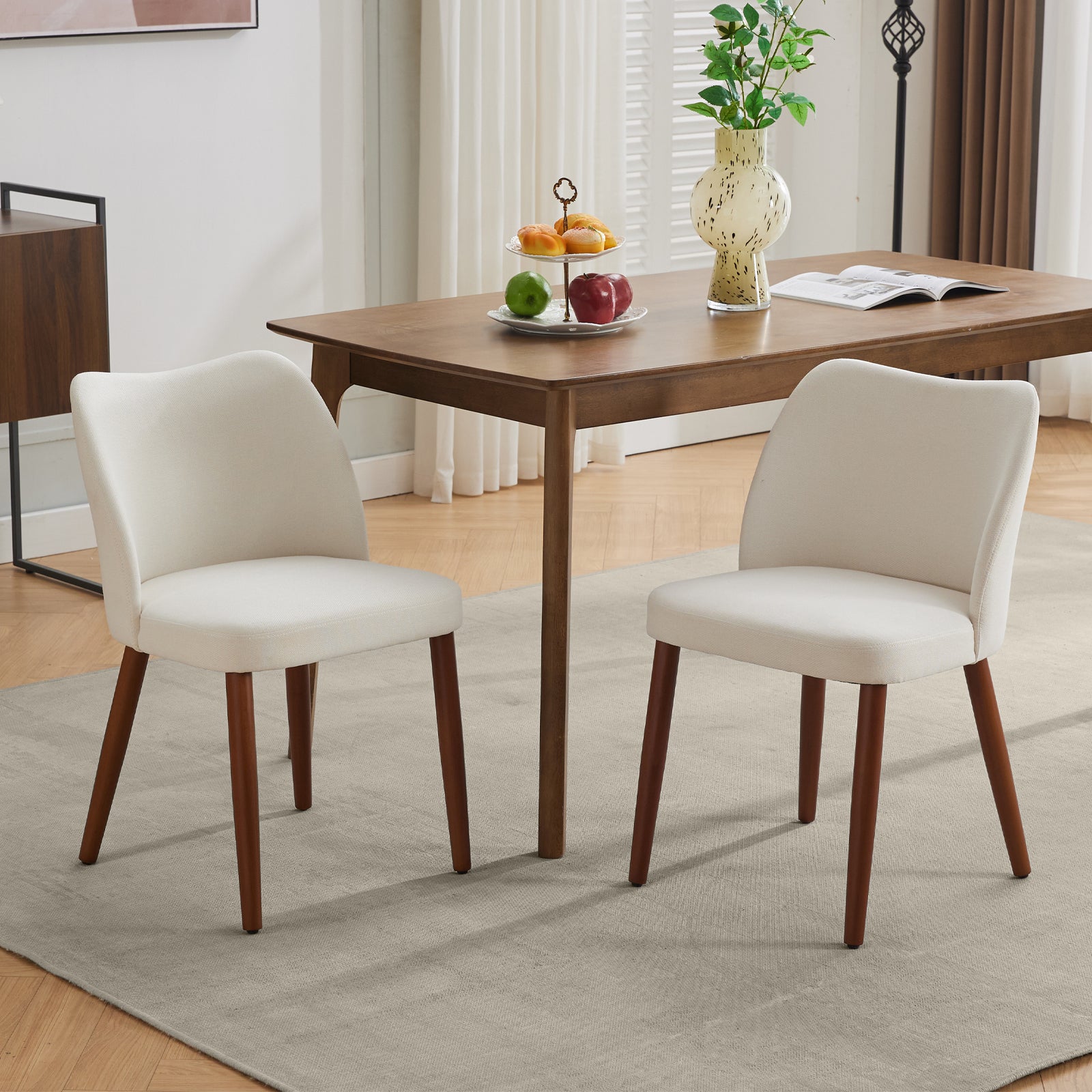 Garvee Set of 2 Mid Century Modern Linen Dining Chairs with Wood Legs for Dining Room, White