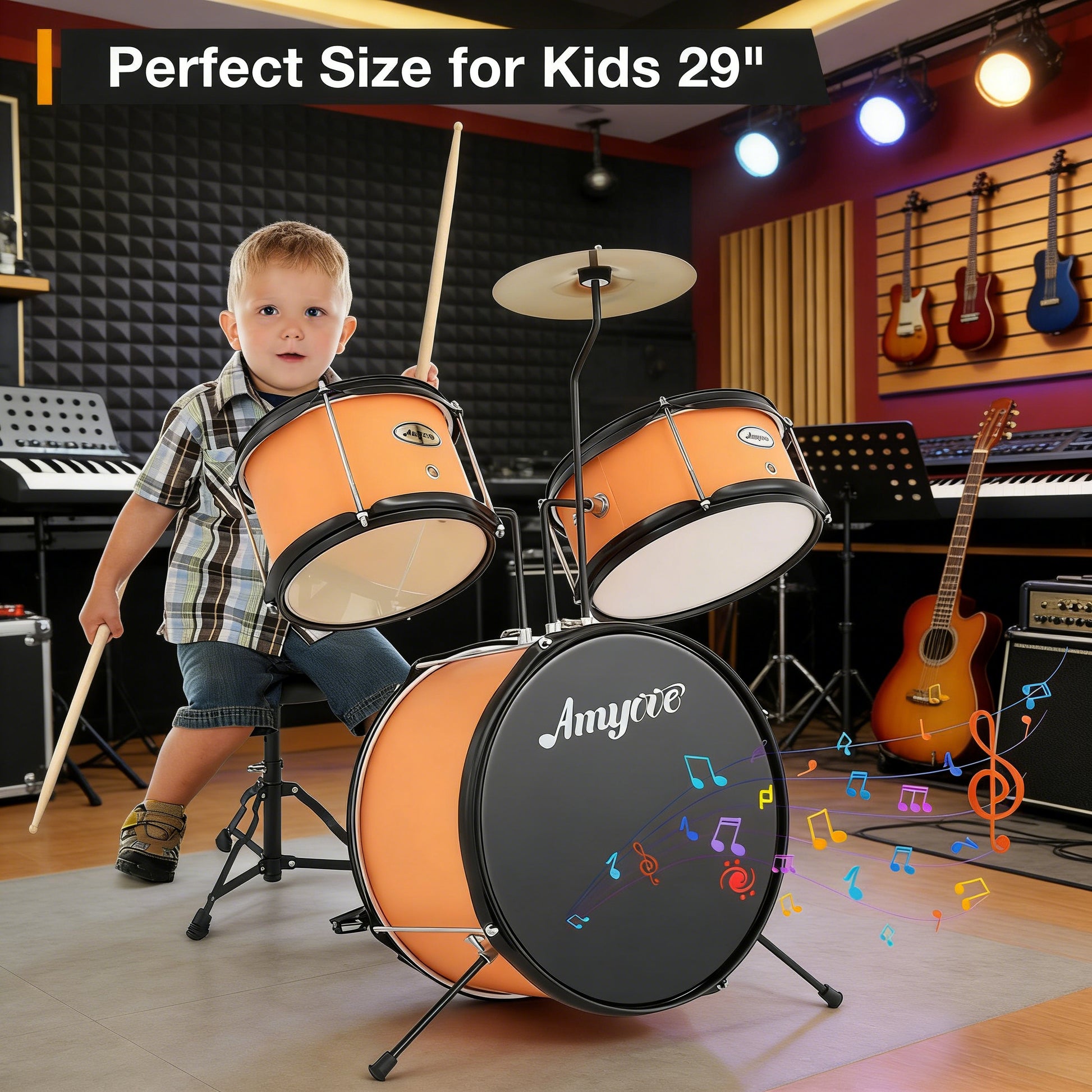 Garvee Drum Set for Beginners, 3-Piece Drum Set, Kids Drum Set with Bass Drum, 8" Suspended Cymbal, Stool, Drumsticks, Pedal