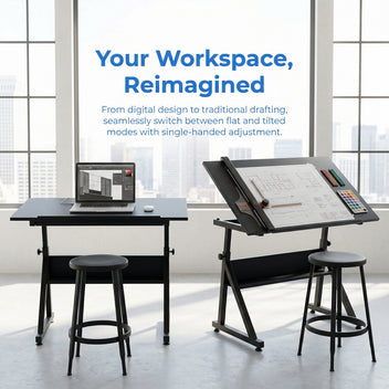 Garvee Drafting Table Adjustable Height Tilting Glass Top Steel Frame 2 Drawers Stool Black Home Office Art Craft