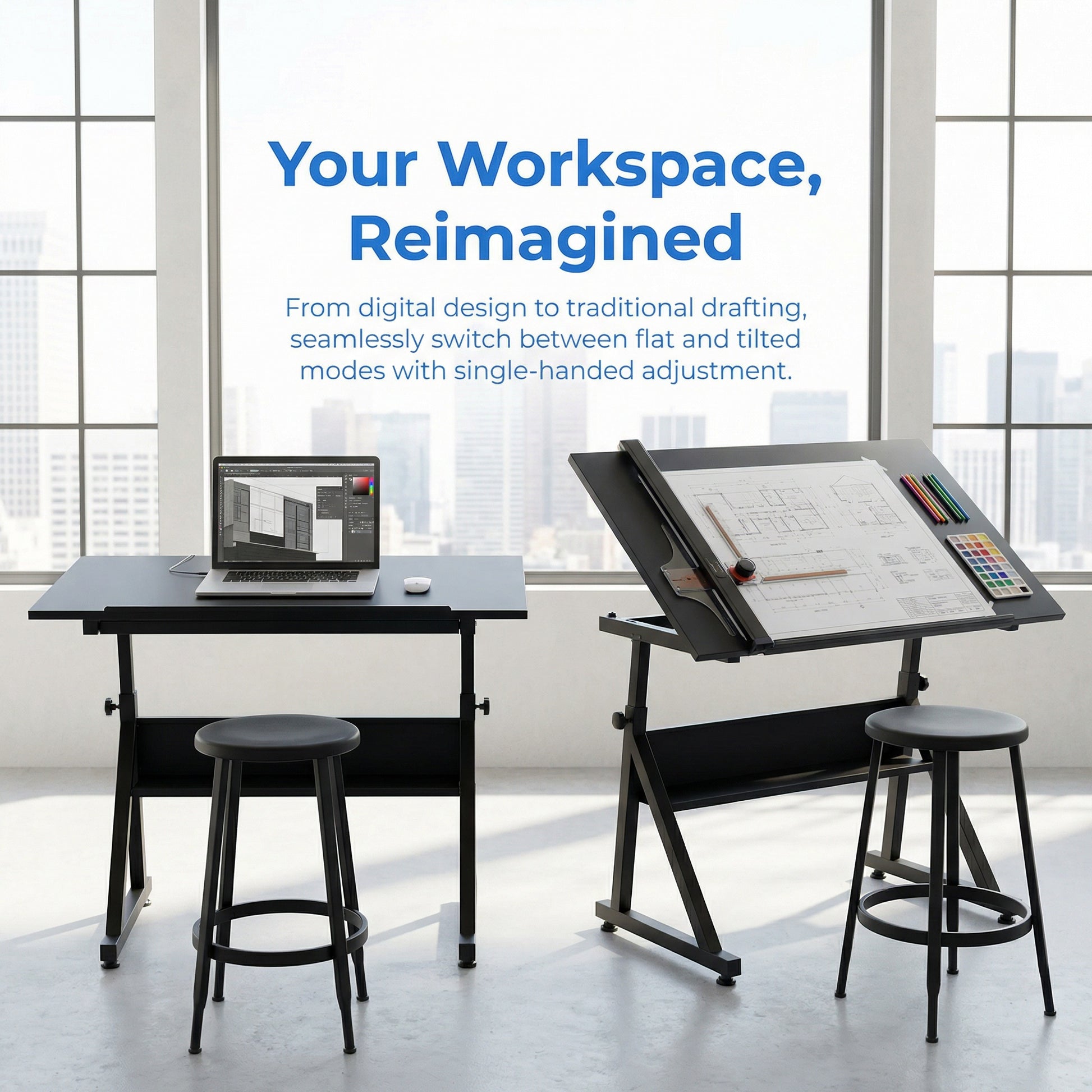 Garvee Drafting Table Adjustable Height Tilting Glass Top Steel Frame 2 Drawers Stool Black Home Office Art Craft