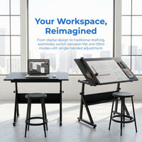 Garvee Drafting Table Adjustable Height Tilting Glass Top Steel Frame 2 Drawers Stool Black Home Office Art Craft