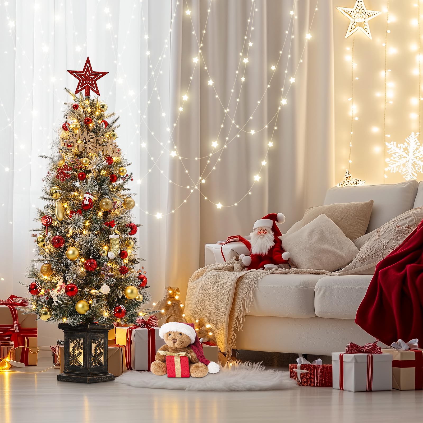 Garvee 4.5ft Christmas Tree Set of 2, Pre-Lit Artificial Christmas Tree with Snowflake Base, 200 LEDs & 8 Lighting Modes, Prelit Xmas Pine Tree Christmas Decoration for Yard, Office, Entrances