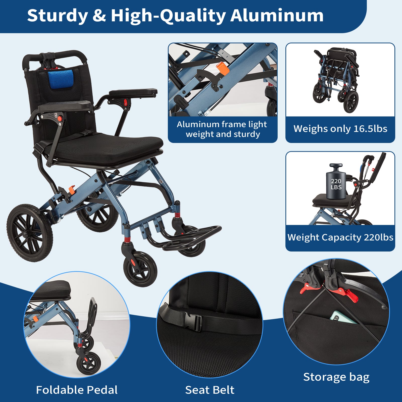 Garvee Portable Folding Wheelchair, Travel Wheelchair with handbrake, Ultra-Light Wheelchair for The Elderly and Children(16in Seat Width 8in PVC Rear Whee)