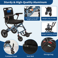 Garvee Portable Folding Wheelchair, Travel Wheelchair with handbrake, Ultra-Light Wheelchair for The Elderly and Children(16in Seat Width 8in PVC Rear Whee)