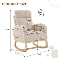 Garvee Nursery Wingback Rocking Glider Chair, Upholstered Accent Rocker Chair, Tall Back Arm Chair with Pockets, Rubber Wood Legs and Side Pocket for Living Room, Beige