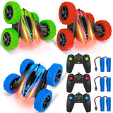 Garvee 3 Pack Remote Control Car RC Stunt Car for Kids,2.4Ghz High Speed Rock Crawler Vehicle,360 Rotating 4WD Off Road Double Sided Rotating Tumbling Rc Car with 6 Rechargeable Battery. - Red Blue Green