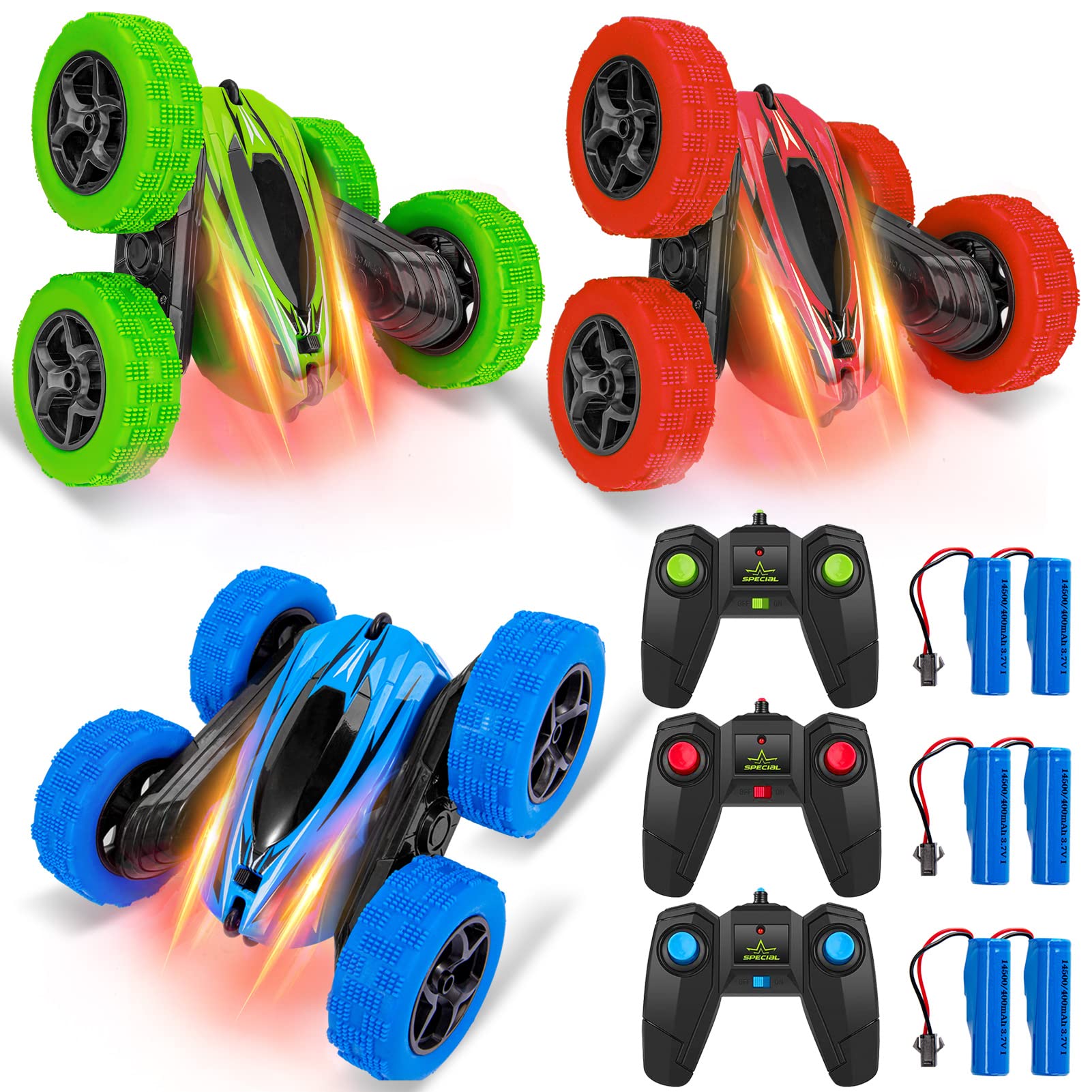 Garvee 3 Pack Remote Control Car RC Stunt Car for Kids,2.4Ghz High Speed Rock Crawler Vehicle,360 Rotating 4WD Off Road Double Sided Rotating Tumbling Rc Car with 6 Rechargeable Battery.