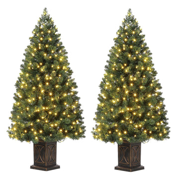 Garvee 4.5ft Christmas Tree, Pre-Lit Artificial Fiber Optic Christmas Tree with 300 LEDs & 8 Lighting Modes, Prelit Potted Xmas Pine Tree Christmas Decoration for Yard, Home, Entrances - 2PCS
