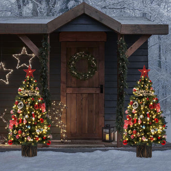 Garvee 4.5ft Christmas Tree, Pre-Lit Artificial Fiber Optic Christmas Tree with 300 LEDs & 8 Lighting Modes, Prelit Potted Xmas Pine Tree Christmas Decoration for Yard, Home, Entrances - 2PCS
