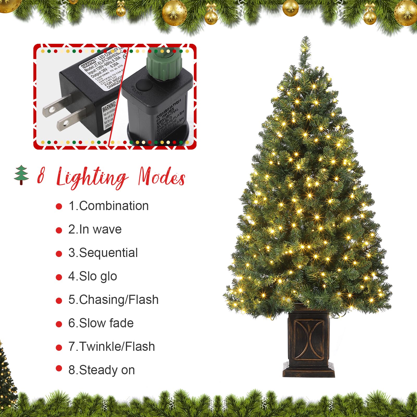 Garvee 4.5ft Christmas Tree, Pre-Lit Artificial Fiber Optic Christmas Tree with 300 LEDs & 8 Lighting Modes, Prelit Xmas Pine Tree Christmas Decoration for Yard, Home, Entrances - 1PCS