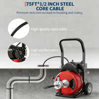 Garvee Drain Cleaner Machine - 75FT x 1/2 Inch Steel Core Cable, 370W Portable Electric Sewer Auger with Cutters, Air-Activated Foot Switch, and Wheels for Commercial and Home Use