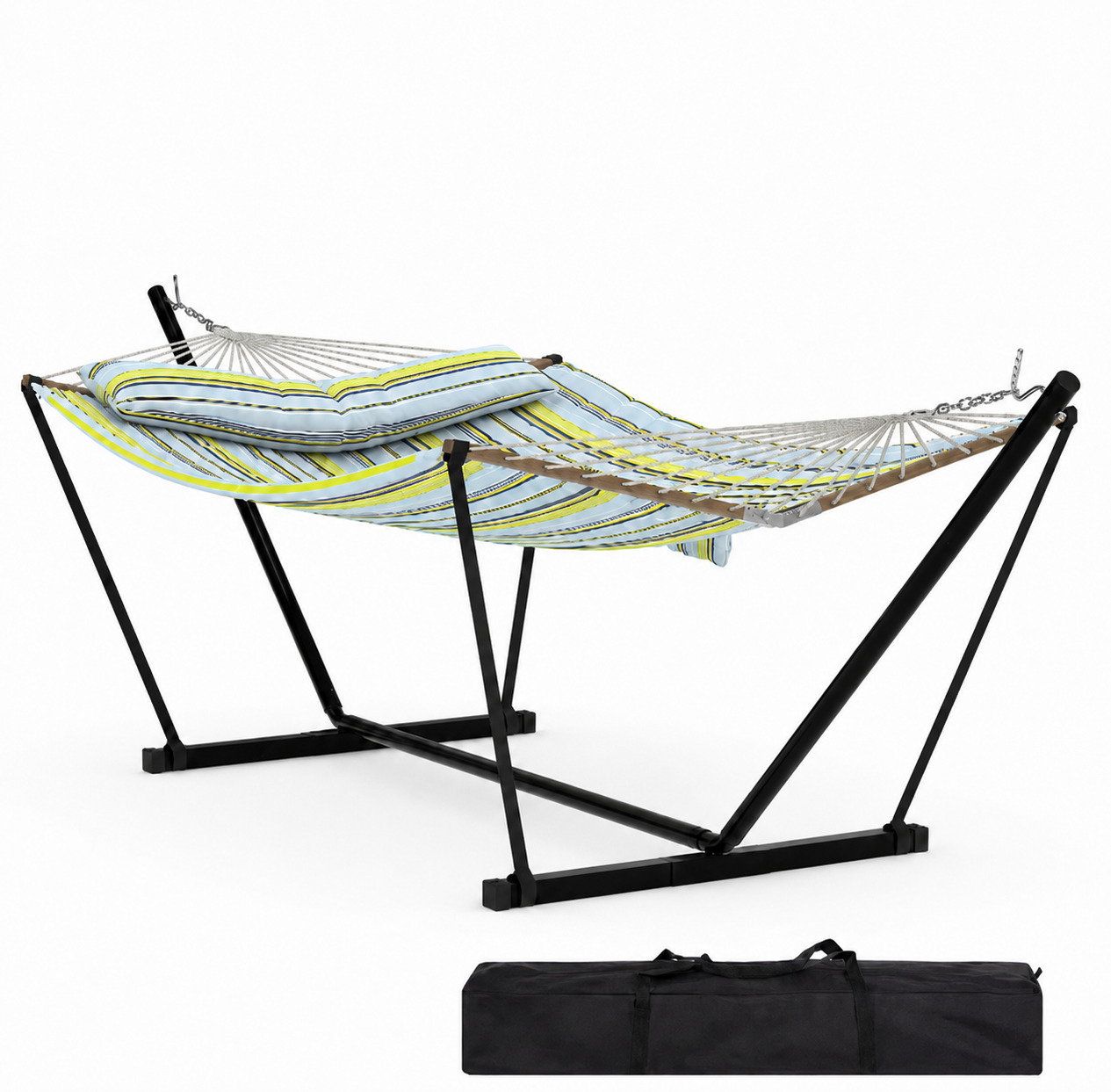 Garvee Freestanding Double Hammock with Steel Stand, 450 lbs Capacity, Soft Pillow & Carry Bag for Backyard Camping, Coastal Stripe