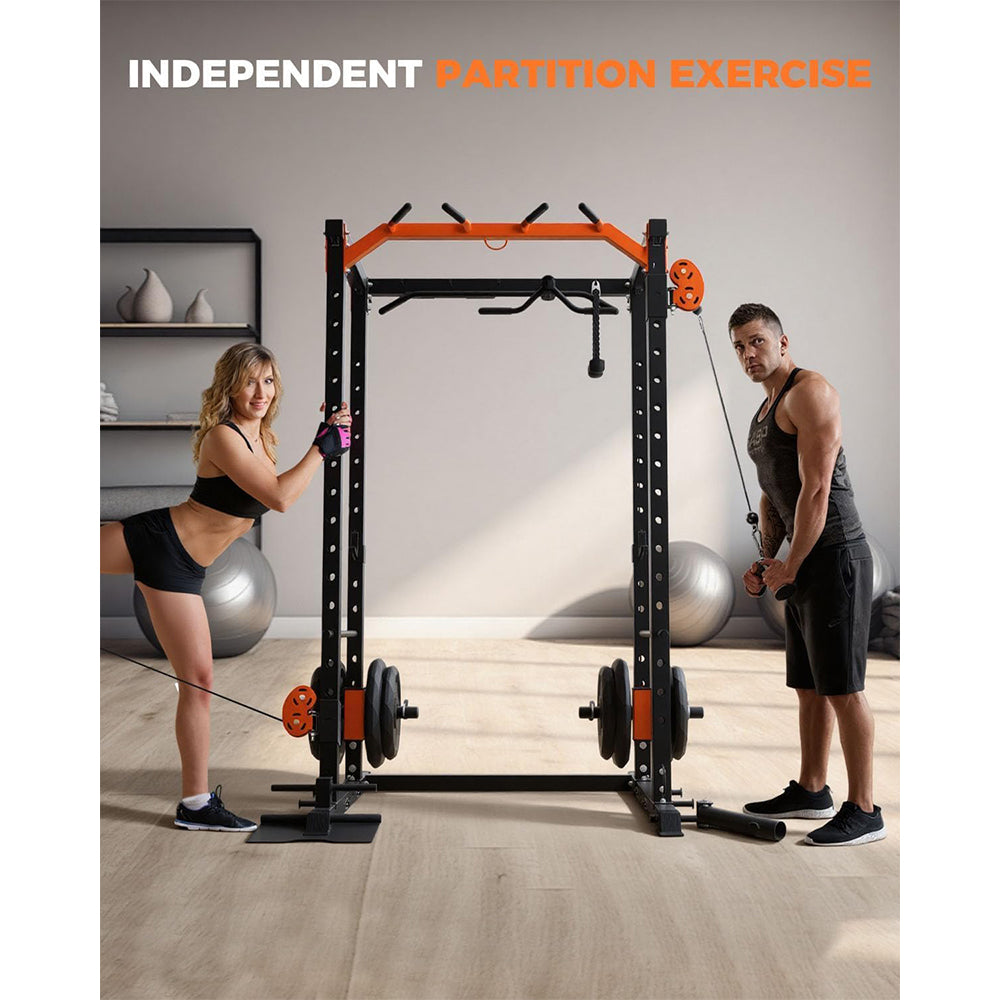 Garvee Power Cage Power Rack with Dual Pulley System Multi-Function Squat Rack with Cable Crossover for Home Gym Black