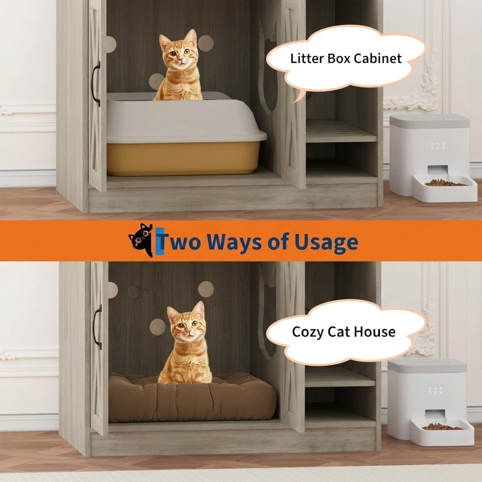 Garvee Cat Litter Box Enclosure, Hidden Litter Box Furniture with Divider, Indoor Cat House, Wooden Cat Washroom Storage Cabinet Bench, Side End Table Nightstand, 33.07"L × 23.62"W × 23.92"H, Gray