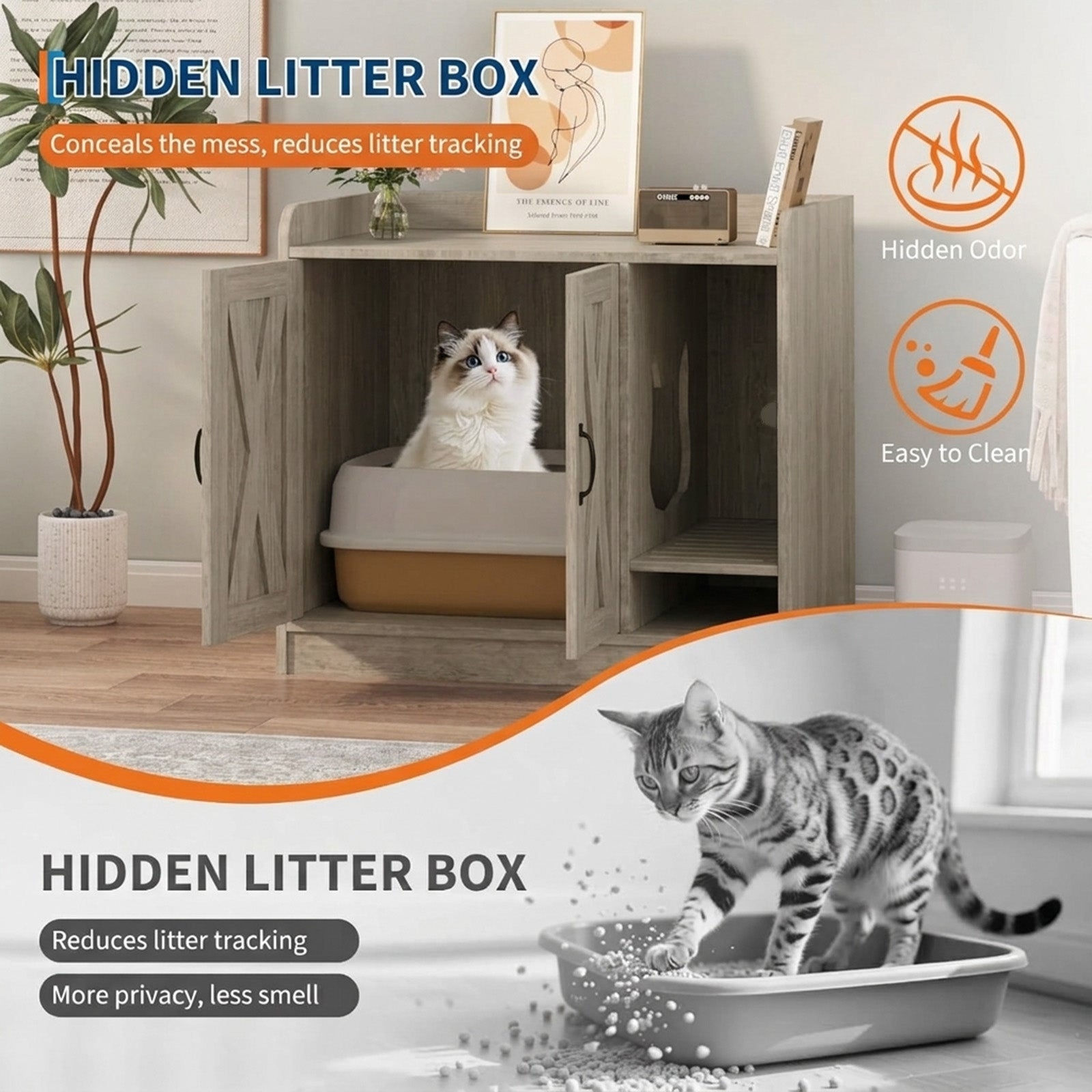 Garvee Cat Litter Box Enclosure, Hidden Litter Box Furniture with Divider, Indoor Cat House, Wooden Cat Washroom Storage Cabinet Bench, Side End Table Nightstand, 33.07"L × 23.62"W × 23.92"H, Gray