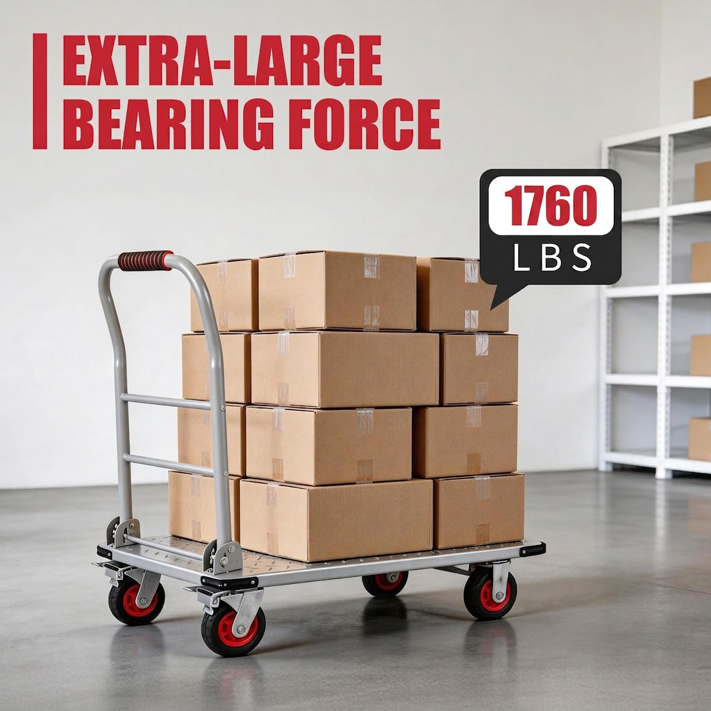 Garvee Large L-Shaped Platform Cart Steel Foldable 800kg Load Silent Casters Non-Slip Pattern Warehouse Factory Transport 91x61cm