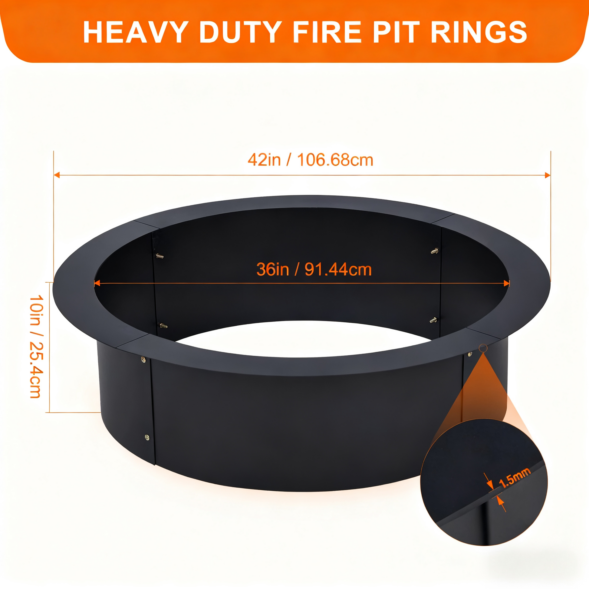 Garvee 42" XL Round DIY Fireplace Ring Liner, High Temp Powder Coated Q455 Metal Campfire Burner Rim for Patio Garden and Camping