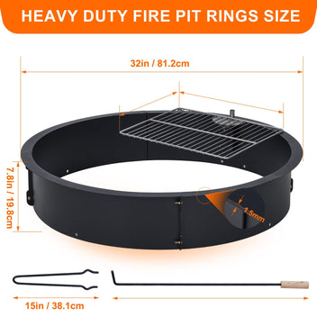 Garvee 32" Round DIY Fireplace Ring and Cooking Kit, All Weather Powder Coated Metal Campfire Burner Rim for Patio Backyard, Black