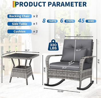 Garvee Outdoor Wicker Rocking Chair, Gray PE Rattan Patio Rocker with Cushions & Steel Frame for Porch, Garden & Balcony