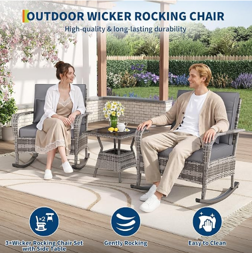 Garvee Outdoor Wicker Rocking Chair, Gray PE Rattan Patio Rocker with Cushions & Steel Frame for Porch, Garden & Balcony