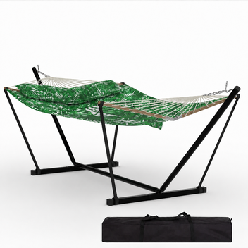 Garvee Freestanding Double Hammock with Steel Stand, 450 lbs Capacity, Soft Pillow & Carry Bag for Backyard Camping, Tropical Green