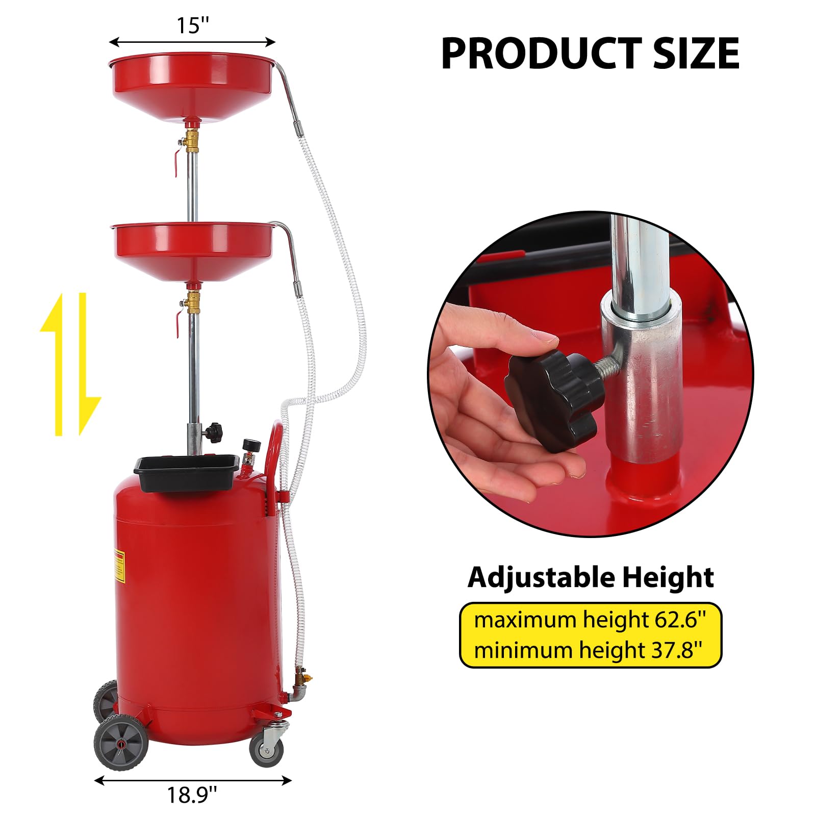 Garvee 20 Gallon Waste Oil Drain Tank, Portable Oil Drain Container, Air Operated Drainer, Fluid Fuel Transfer Drainage, Adjustable Funnel Height with Wheel &15'' Premium Bowl and a Toolbox, Red