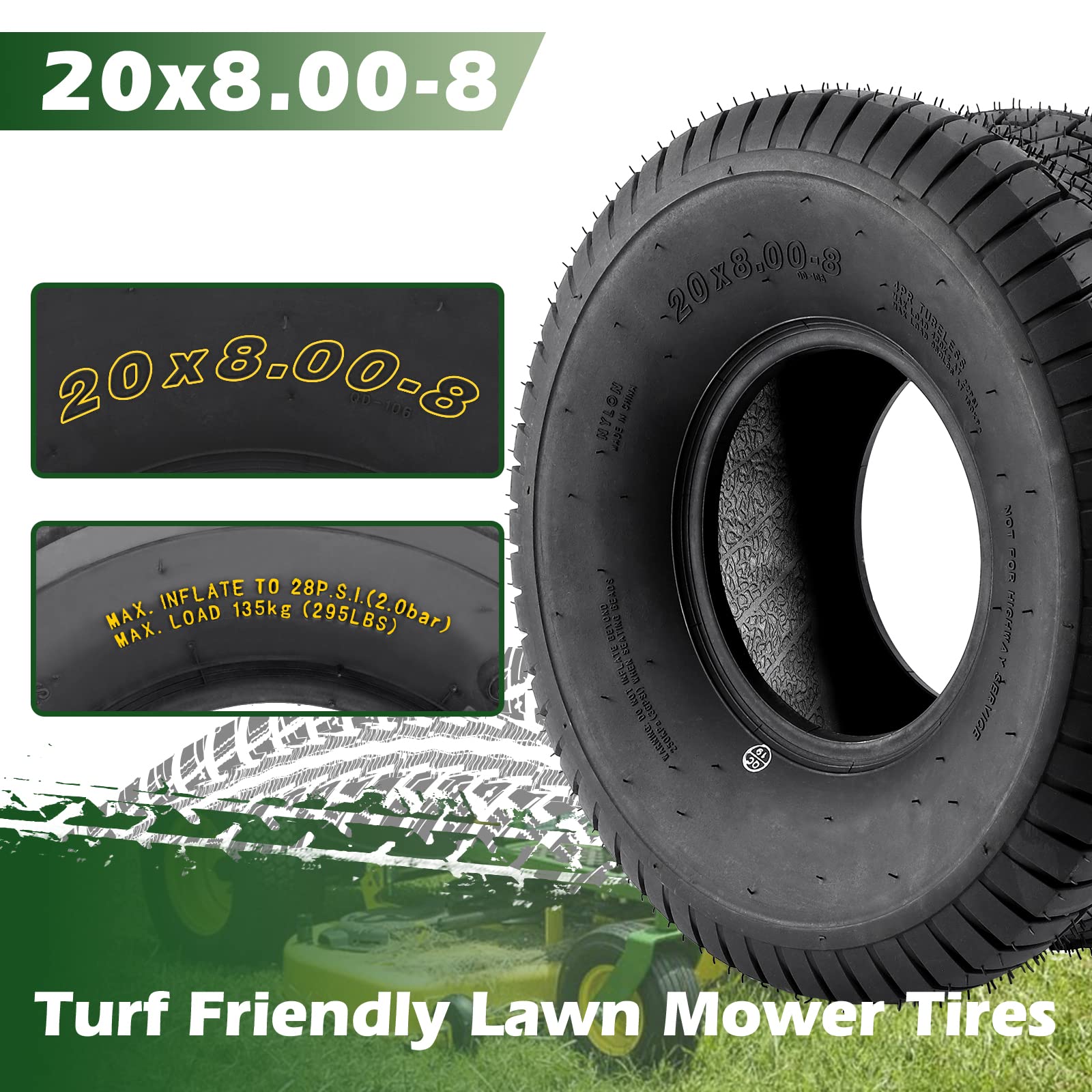 Garvee 15x6.00-6 Lawn Mower Tire, 15x6x6 Tractor Turf Tire, 4 ply Tubeless, 565lbs Capacity, Set of 2