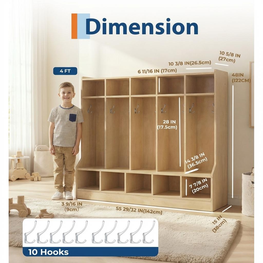 Garvee 55" Kids Coat Locker with Bench, 10 Cubbies, Daycare Cubby Storage Organizer for Nursery, Home, School, Smooth Wood Surface, Multiple Sizes, Natural Wood Color