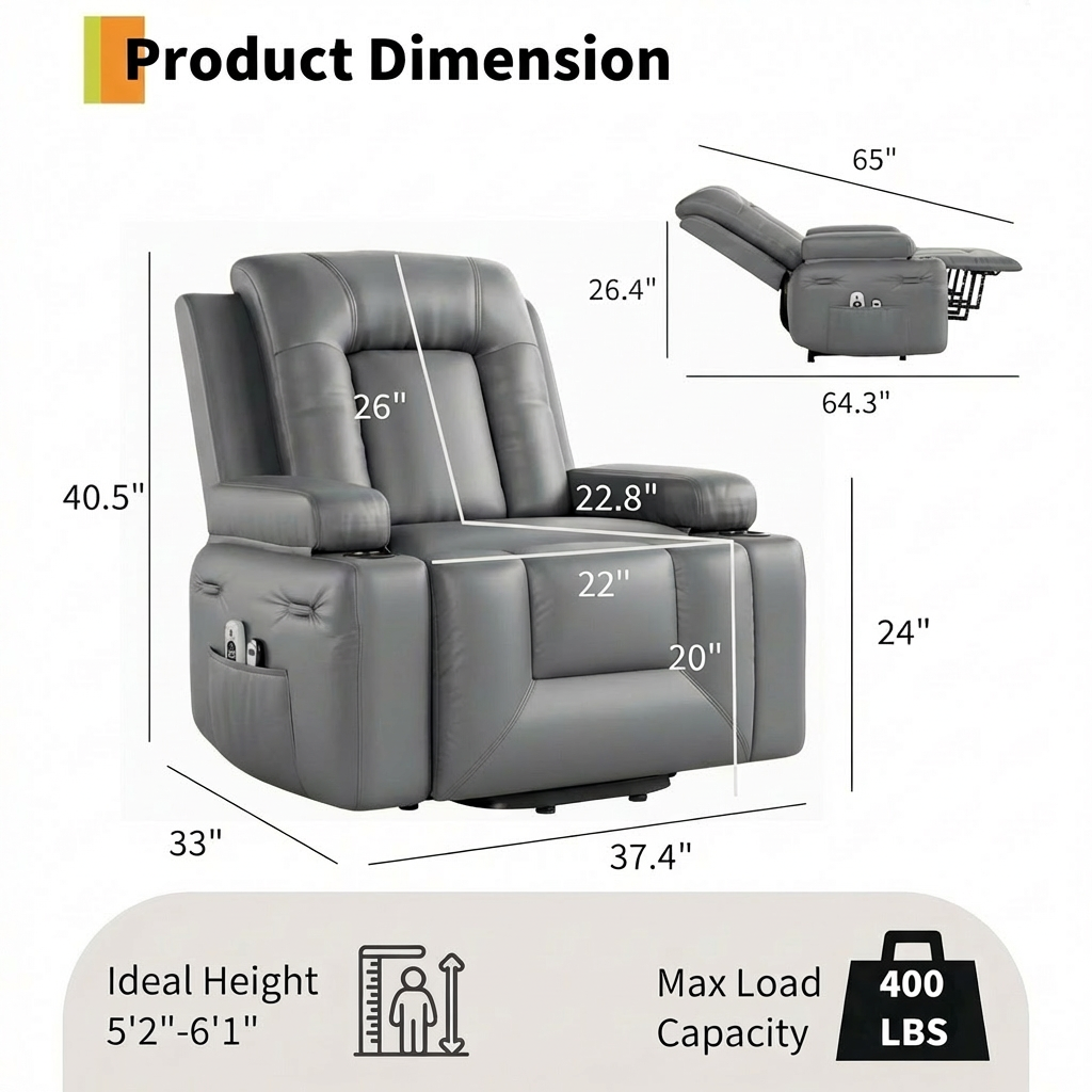 Garvee Power Lift Recliner Chair - Heat and Massage, Adjustable Back and Legs, PU Leather Electric Lift Chair Designed for Mobility Aid Elderly Relaxation, Gray