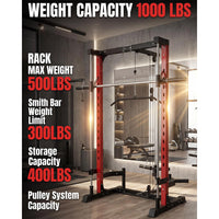 Garvee 1000LB Smith Machine Home Gym System - Power Cage, Lat Pulldown - Carbon Steel - Safety Spotter Arms, Bar Storage - Full Body Strength Training