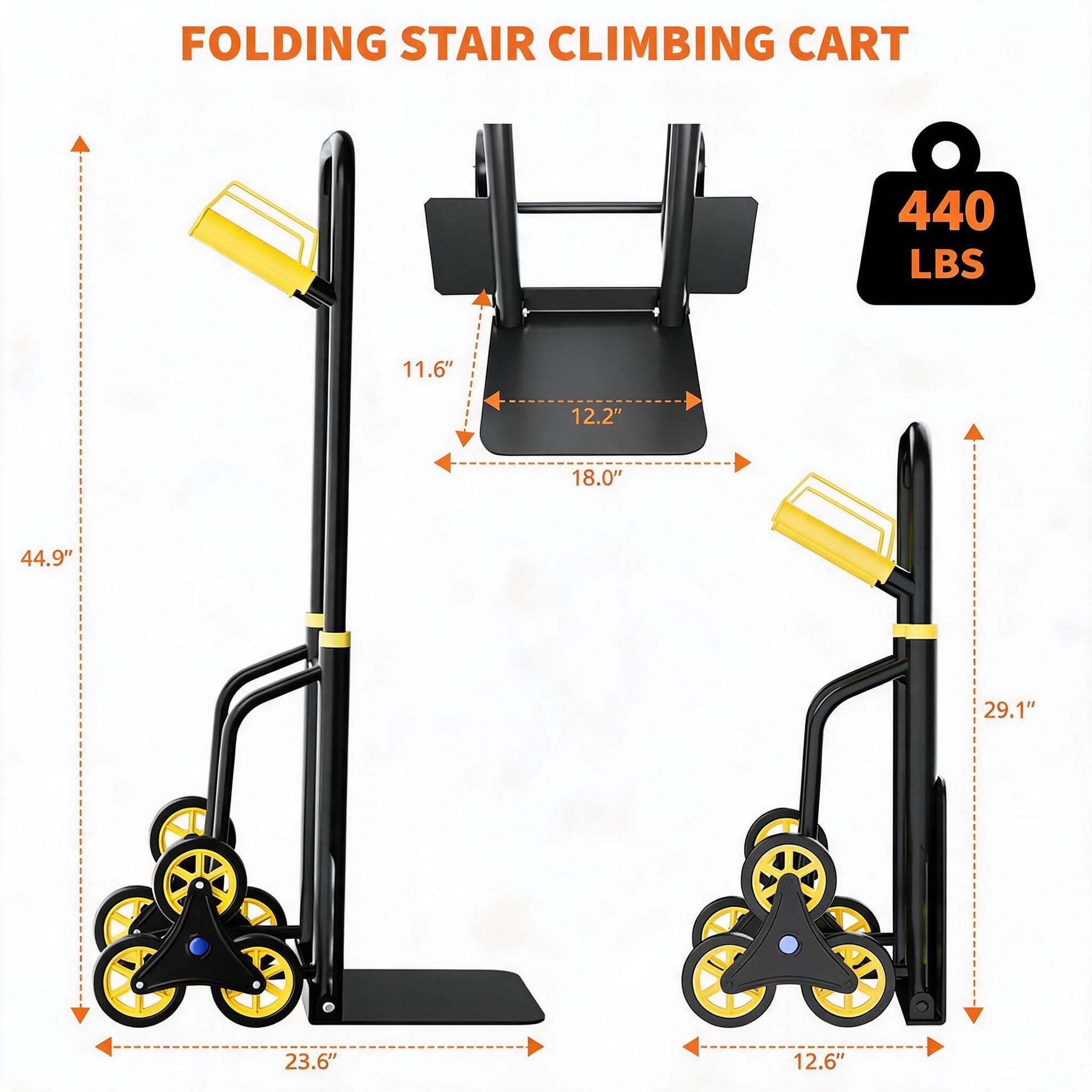 Garvee Stair Climbing Dolly, 440 lb Heavy-Duty Folding Hand Truck with 3-Wheel Design, Steel Frame & Retractable Handle