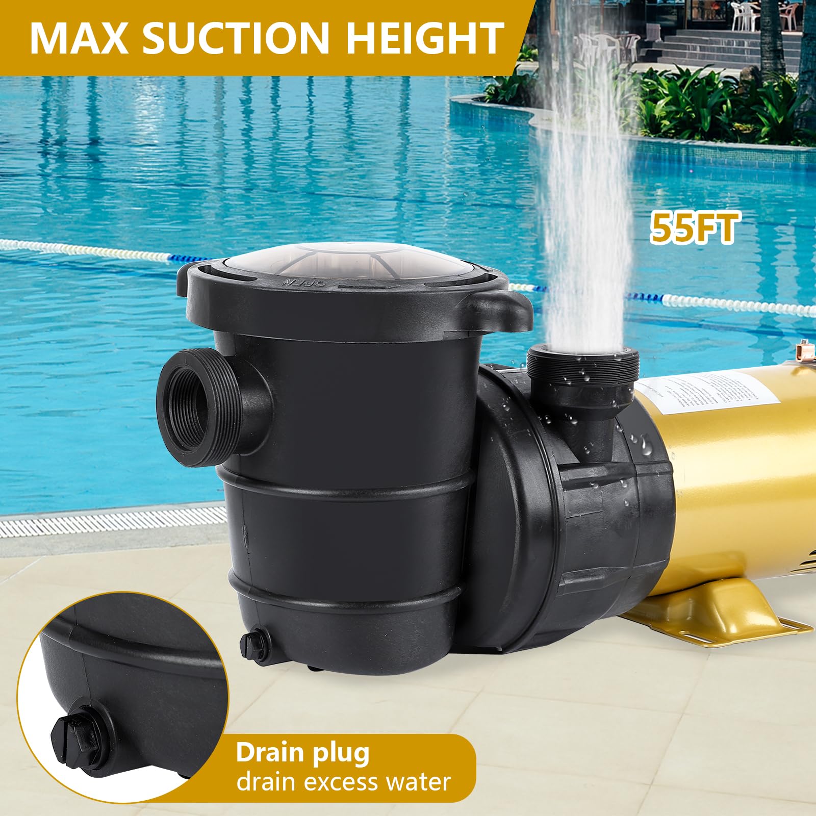 Garvee 1.5HP Swimming Pool Pump Single Speed In/Above Ground Water Pump,115V 5568GPH & High Flow, Powerful Primming Swimming Pool Pumps with Filter Basket, Low Noise for Family